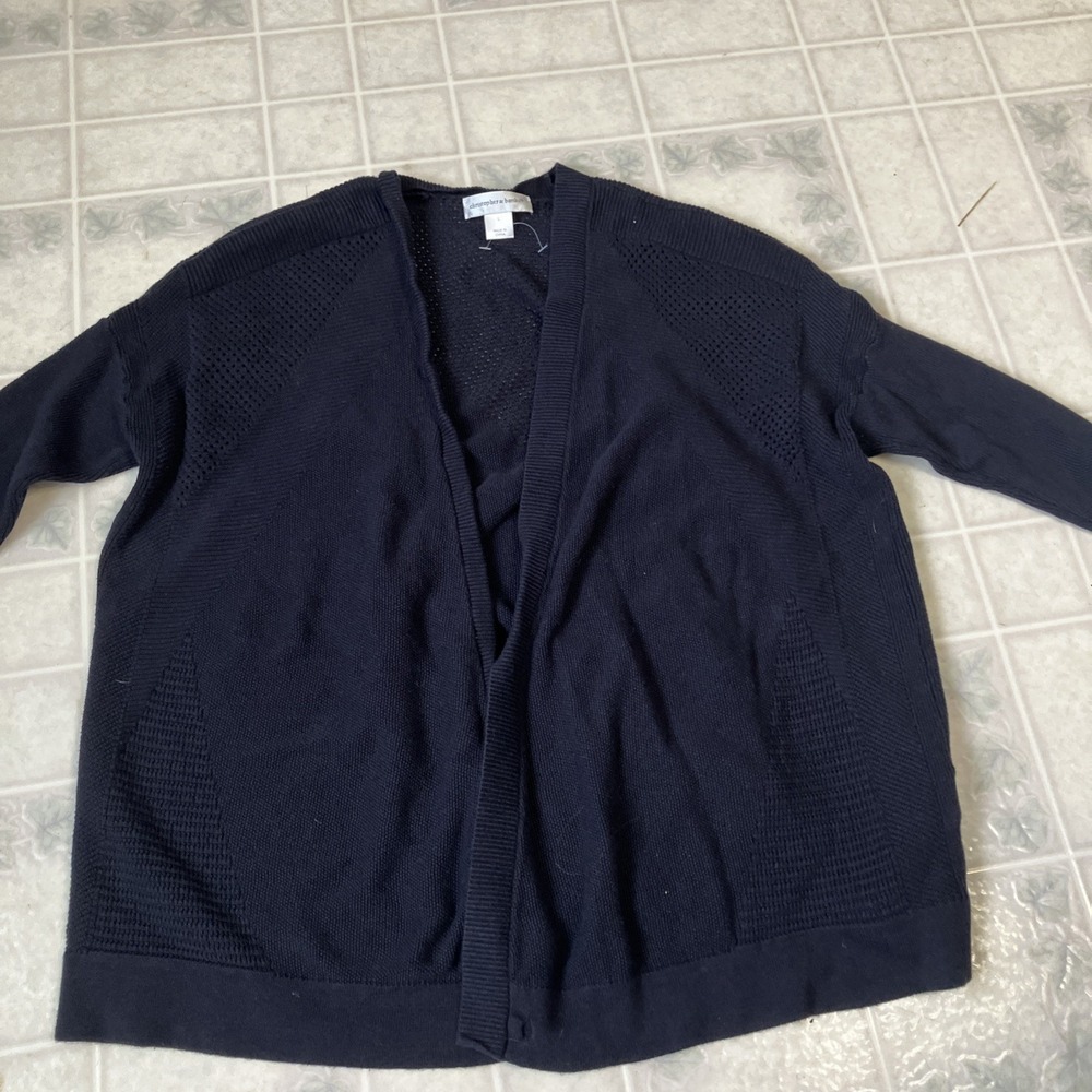 Christopher & Banks  Large Navy Blue Open Front Cardigan Open Knit 3/4 Sleeve